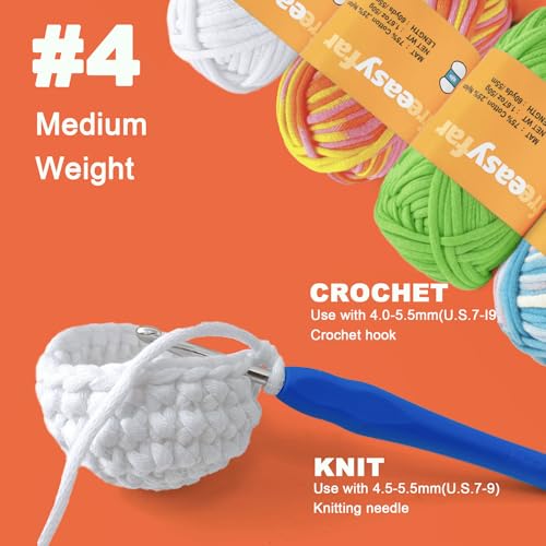 Image of 4x50g Beginner Easy Yarn Kit for Crocheting and Knitting; Worsted-Weight Medium #4;Crocheting and Knitting kit with Tool Set (Sunglow+Blue+Green+White, 4 Skein)