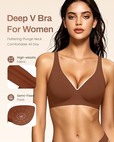 Image of Gailife Deep V Jelly Bras for Women No Underwire Wireless Seamless Push Up Bra Comfort Support Plunge Bralette Full Coverage -BR,S Brown