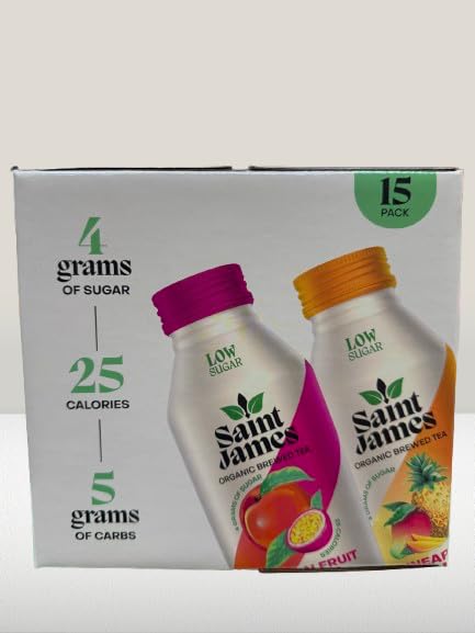 Saint James Organic Tea, Passion Fruit Peach & Pineapple, 15.9 fl oz Bottle – Low Sugar, USDA Organic, Refreshing Tropical Iced Tea Beverage