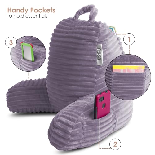 Image of Nestl Dusty Purple Reading Pillow with Bed Desk for Laptop and Writing, Luxe Cut Plush Back Pillow for Sitting Up, Back and Arms Adjustable Support for Kids and Teens, Foldable Lap Desk for Bed 19x11 inch