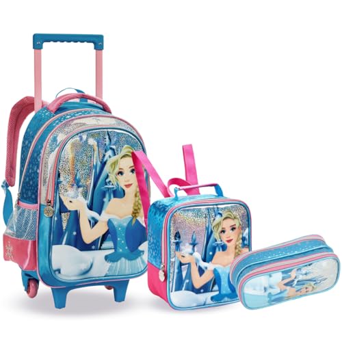 Kit Mochila de Rodinha Infantil Princesa com Lancheira e Estojo Feminino Menina Grande C/Alça 3 Peças