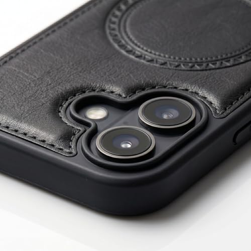 Image of amazon basics Premium PU Leather Case for iPhone 17, MagSafe Compatible Magnetic Ring, Sleek Protective Back Cover - [Black]