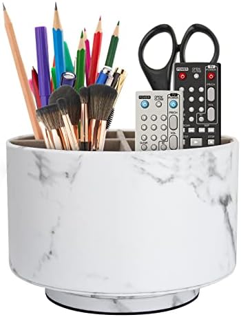 Rantuns Round Leather Marble Remote Control Holder, 360°Spinning Office Supplies Desktop Organizer, 4 Compartments Multi-Functional Desktop Stationary Organizer for Pen, Phone, Heater Controllers