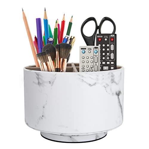 Rantuns Round Leather Marble Remote Control Holder, 360°Spinning Office Supplies Desktop Organizer, 4 Compartments Multi-Functional Desktop Stationary Organizer For Pen, Phone, Heater Controllers #TOP3