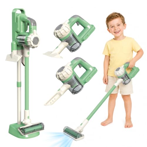 BAYMI 3-in-1 Kids Vacuum that Really Works - Toddler Vacuum Cleaner with Real Suction Pretend Play Housekeeping & Cleaning Toy Set for Kids Ages 3+ (Green)