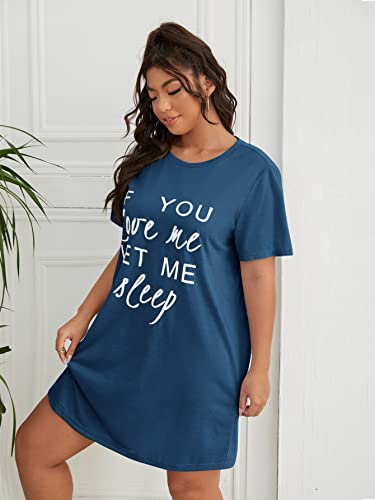 Wdirara Women's Plus Size Letter Print Round Neck Short Sleeve Sleep Dress Nightwear Navy Blue 3Xl #TOP3