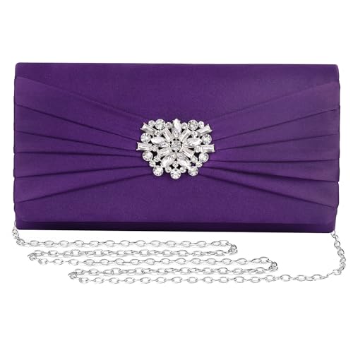 Image of Evening Bags For Women Pleated Satin Rhinestone Brooch Prom Clutch Purse With Detachable Chain Strap