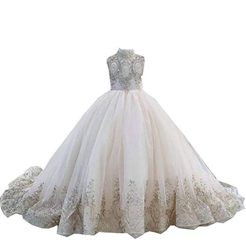 Adela Lace High Neck Pageant Dresses Ball Gown Hi-Low Appliques Kids Wedding First Communion Dress with Train AR028