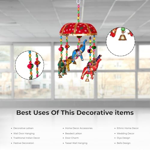 Image of Rajasthani Multicolor Elephants Jhoomer with Bell - Decorative Wind Chimes for Door & Wall Hanging, Ideal Home Decor & Gift Showpiece (Red)