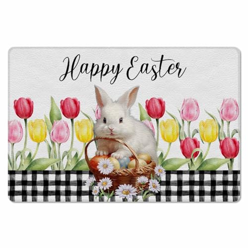 Easter Buffalo Bunny Kitchen Bath Door Mat Cushioned Runner Rug,Washable Welcome Floor Sink Antifatigue Mat,Waterproof & Non-Slip Comfort Standing Doormat,Bunny Eggs Tulip Floral Plaid Black 24