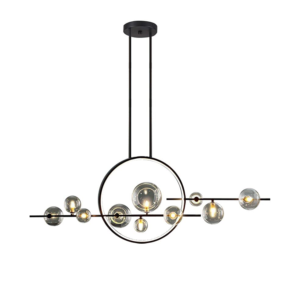 JiuZhuo Light Pendants for Kitchen Island Minimalist 53.9 Inches 10-Light Pendant Lights Kitchen Island Dining Room Chandelier Over Table Glass Globe Shade Sputnik Kitchen Island Light in Black Metal