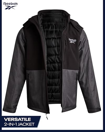 Image of Reebok Mens Winter Coats - 3 in 1 System Hooded Softshell Windbreaker Jacket and Quilted Puffer Insulated Mens Ski Jacket