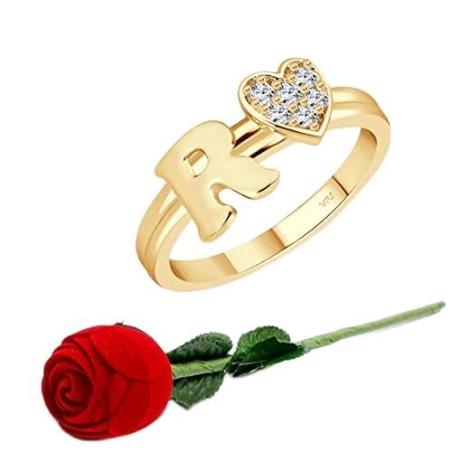 Vighnaharta cz alloy Gold and Rhodium plated Valentine collection Initial '' R '' Letter with heart ring alphabet collection with Scented Velvet Rose Ring Box for women and girls and your Valentine.-image-17