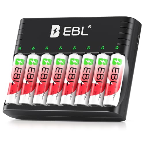 EBL Rechargeable AA Batteries 3000mWh 8 Pack with Charger