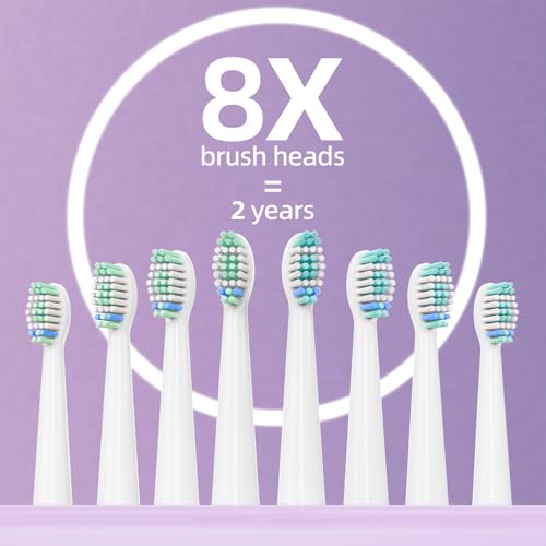 YUNCHI C2 Elektrische Zahnbürste mit 40000 VPM, Schallzahnbürste für Erwachsene & Kinder, USB-C Ladung, 30 Tage Akkulaufzeit, 5 Putzmodi, 2-Min-Timer, 8 Bürstenköpfen, Reiseetui, Lila und Weiß – Bild 7