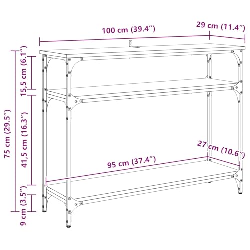 Mesa consola de madera con marco de metal y dos estantes de salón 3