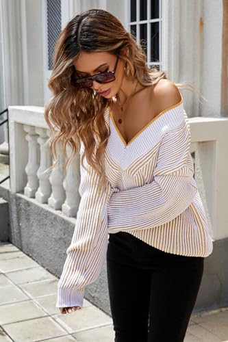 Image of Cakulo Womens Fall 2025 Oversized Striped V Neck Sweaters Long Sleeve Knit Color Block Trendy Pullover Sweater Top