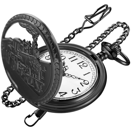 Realpoo Black Hollow Right Locomotive Quartz Men's Pocket Watch, Arabic Numeral White Dial Pocket Watch with Chain