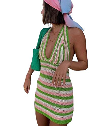 Sexy Halter Neck Bodycon Dress for Women Y2K Knitted Mini Dress V Neck Backless Beach Dress E Girl Streetwear (D-Green Stripe, M)