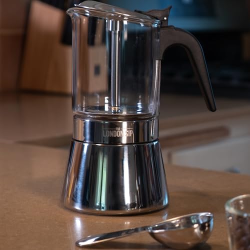 Image of The London Sip Glass and Stainless Steel Stovetop Espresso Maker, Moka Pot Italian Coffee Percolator, Large (15.2 oz)