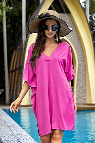 Ekouaer Bathing Suit Cover Ups For Women Plus Size Swimsuit Max Swim Skirt Casual Swimwear,Hot Pink,Medium #TOP2