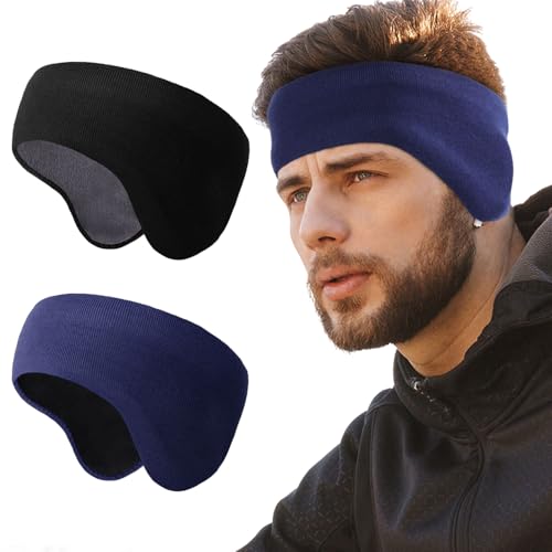 WTACTFUL 2-Pack Winter Ear Warmer Fleece Headband for Men Double-Layer Ear Muffs for Winter Headbands for Women Thermal Ear Covers for Cold Weather Ski Running Cycling Hiking Black Blue