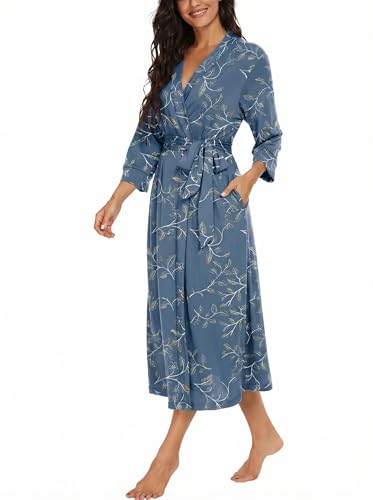 Image of VINTATRE Robes for Women Long Knit Bathrobe XS-4XL | 3 /4 Sleeve Bathrobes with Pockets, Stretchy and Lightweight Fabric, Inner Tie and Fixed Outer Matching Belt, Mid Calf Length