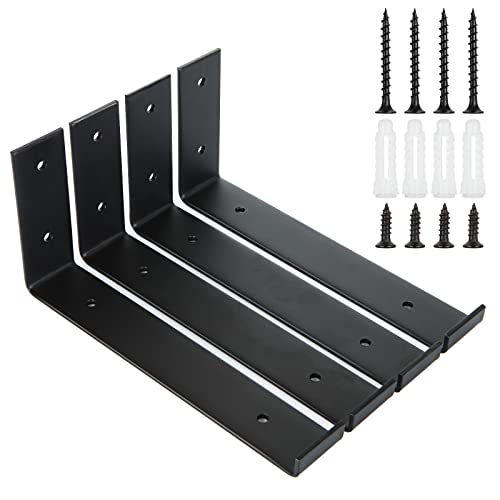 LOLYSIC 4 Pcs Scaffold Board Shelf Brackets - 225mm / 9 Inch Heavy Duty Shelf Bracket Supports with Lip - Wall Mounted Industrial Metal Shelve Brackets with Screws Black