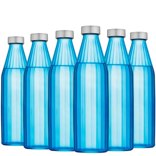Image of SAND DUNE BlueColour Glass water bottle, 800 ml Each, Set of 6, with Leak-Proof Airtight Stainless-Steel Lid for Water, Smoothie, Juices - Reusable Travel Glass Drinking Fridge Bottles