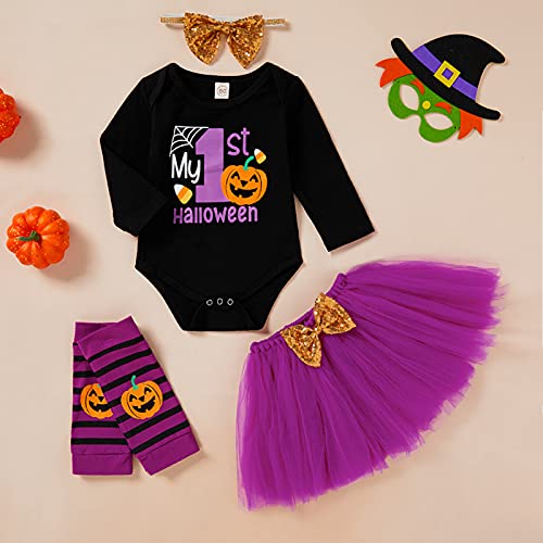 4Pcs Baby Girls My 1St Halloween Skirt Set Pumpkin Print Romper+Bow Tutu Dress+Headband+Leg Warmers Outfits Clothes(Purple,0-3 Months) #TOP1