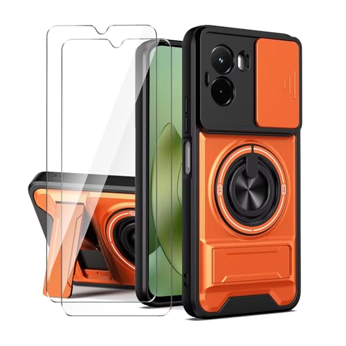 LYZXMY Funda para Motorola Moto G06 4G Pack Incluye 2 Protectores de Pantalla + Soporte Doble (Anillo Giratorio 360° y Extensible) + Tapa Deslizable para Cámara Naranja