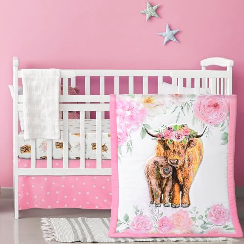 Hahafelt 3 Piece Highland Cow Baby Crib Bedding Set for Baby Girls Pink Floral Nursery Crib Sets Includes Quilt,Fitted Crib Sheet, Crib Skirt for Newborns Baby Boy Girl