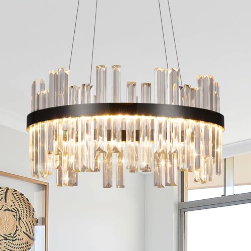 HONIEGG Modern LED Crystal Chandelier, 20" Round Black Fixture with Remote