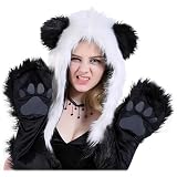Malaxlx Winter Faux Fur Black White Panda Animal Hood Hat Scarf Gloves Set 3-in-1 Beanie with Ears Paws Pocket Mittens