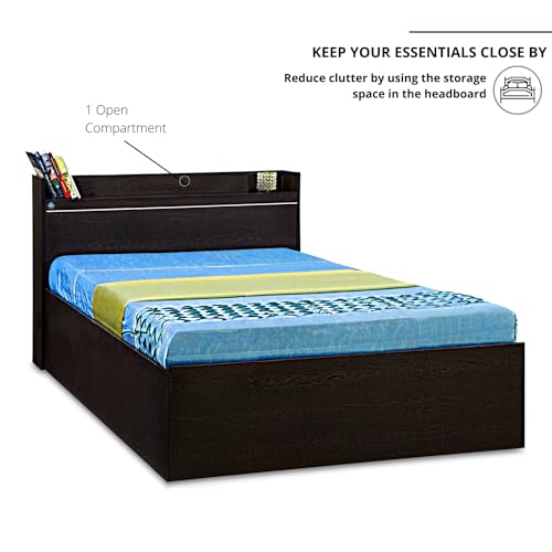 Image of DELITE KOM | 1 Year Warranty | Single Bed, Plum Engineered Wood Bed with Box Storage & with Headboard Shelf Storage, Wooden Bed (83x37 Inches) | Installation Included | Color - Flowery Wenge