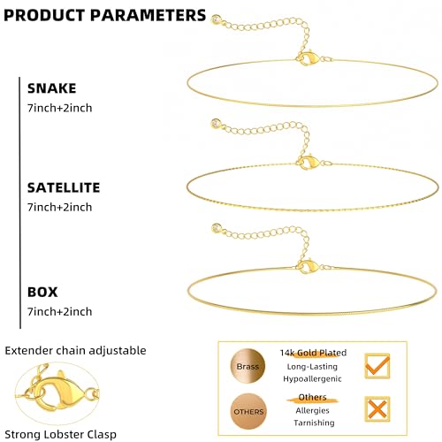 Bracelet for Women - Dainty Stack Bracelets Trendy Adjustable 14K Gold Plated Thin Paperclip Bead Box Satellite Figaro Cuban Link Chain Bracelet Set for Women Waterproof Jewelry Gift