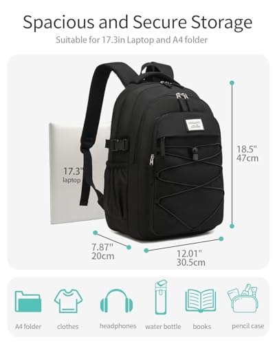 Image of Black Backpack for Teens, Girls School Bookbag Aesthetic 17.3in Laptop Backpack for Commuter Women Students Middle High School, Black