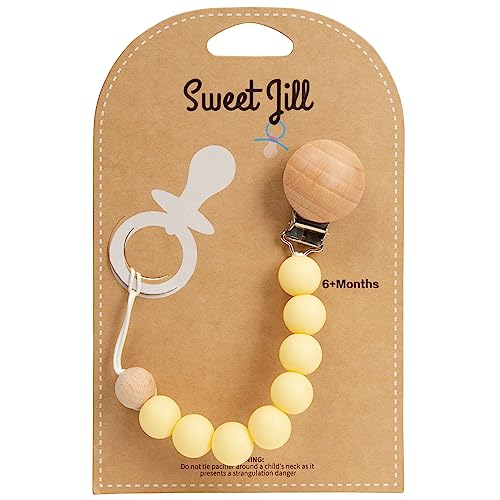 Image of Pacifier Clip Made with Silicone Beads and Secured with Wood Clip. 1 Piece Design. BPA-Free. Chewable. 9 inch Long. Keeps Pacifiers and teethers securely Fastened. (Yellow)