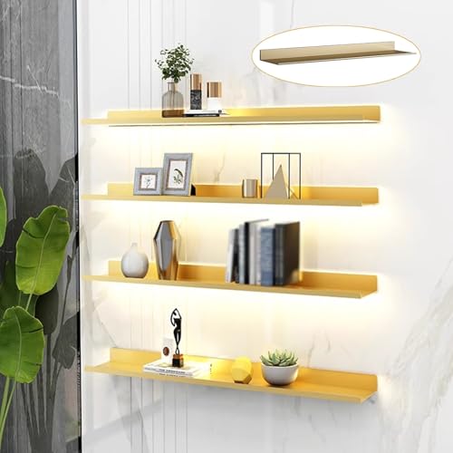 Étagère murale en métal dorée pour salle de bain et salon avec éclairage LED doux
