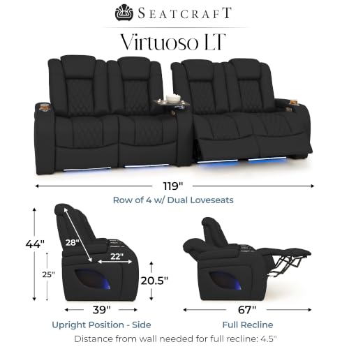 Image of Seatcraft Virtuoso LT Black Italian Leather Home Theater Seating, Zero Gravity Power Recliner, Heat and Massage, Powered Headrest and Lumbar Gaming and Home Office Chair, Row of 4 Dual Loveseats