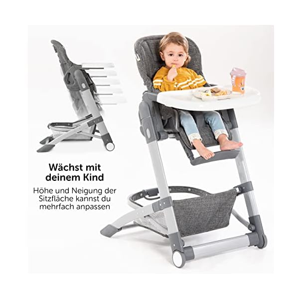 Hauck Baby Hochstuhl Grow Up mit Liegefunktion ab Geburt - Babystuhl mit Tisch, Rollen, klappbar, mitwachsend und höhenverstellbar - Grau Melange – Bild 5