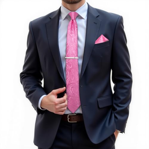 Image of DiBanGu Silk Floral Ties for Men Woven Paisley Necktie and Tie Clip Handkerchief Cufflinks Set for Party Wedding