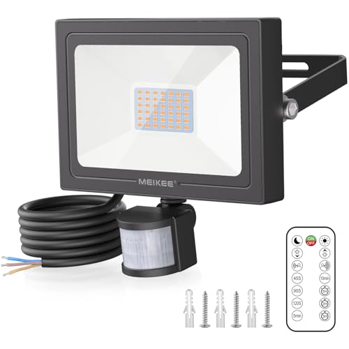 MEIKEE Faretto con Sensore di Movimento, 35W 3000LM Faro LED Esterno con Telecomando, 2700K Bianca Calda, Proiettore Luce di Sicurezza Impermeabile IP66 per Giardino Corridoio Garage Patio