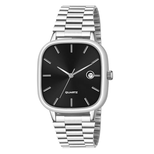 Image of Minimalist Men's Square Dial Watch with Date | Comfortable Stainless Steel Quartz Analog Wristwatch | Casual & Formal Timepiece