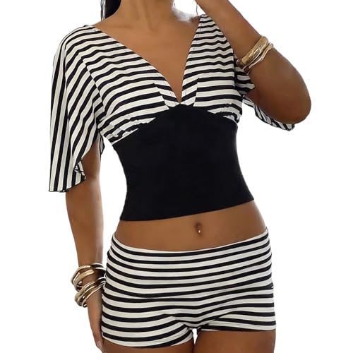 Conjunto de camiseta cuello en V y espalda descubierta con pantalones cortos ligeros