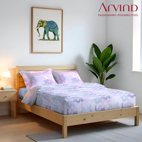 Image of Arvind Bedsheet Set - 100% Cotton Bedsheet for Double Bed (1 King Size Bedsheet with 2 Pillow Covers) Soft Breathable, 144 Thread Count - Slumber -Shade 3(21024-A) | Natural