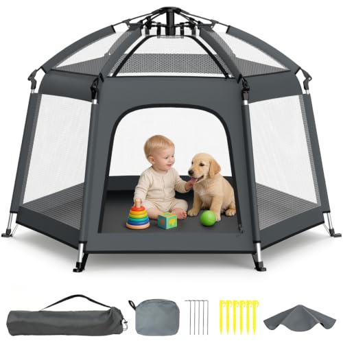 Image of Foldable Baby Playpen with Canopy: Durable 450D Oxford & Aluminum, Gray | Pop-Up Play Tent, Easy Setup, UPF50 Sun Protection, Lightweight, Mosquito Net, for Beach Travel Outside Indoor, for Kid & Pet