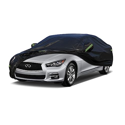 Image of Kaugung 7 Layers Car Cover Custom Fit Infiniti Q50 from 2013 to 2025, Outdoor Waterproof All Weather Sun Rain Dust Snow Protection with Zipper Door.