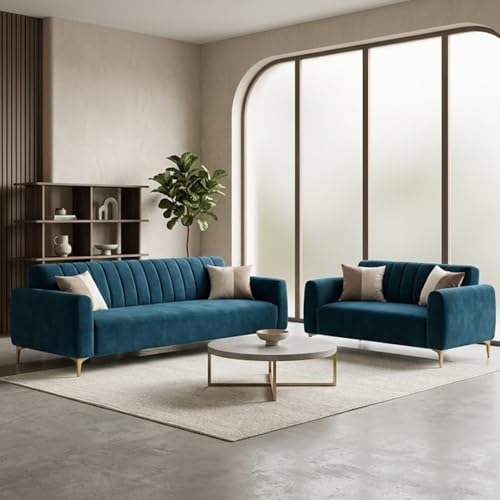 Image of Habibi Rich Velvet Suede 3+2 Seater Sofa Set | Spacious Soft Touch Comfort Seating | 5 Person Seating | Modern Living Room Sofa Set (Green Teal)