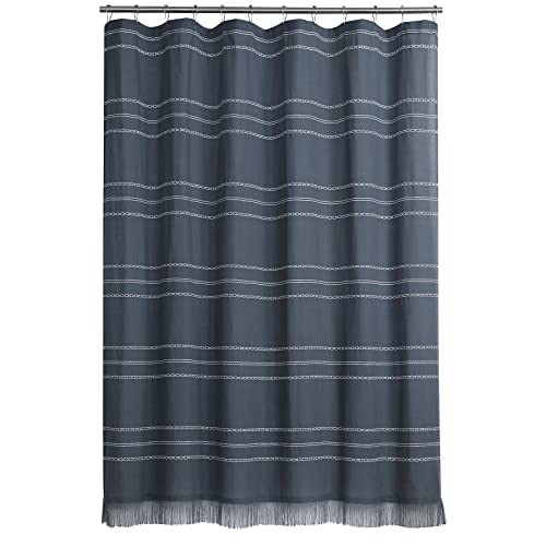 Sd Sdliving Colin Boho Gray Yarn Dyed Stripes Polyester Tassel Shower Curtain,Waterproof Handmade Trim Shower Curtains For Bathroom,Fringe Border Fabric Bath Curtains,72" W X 72" H #TOP6